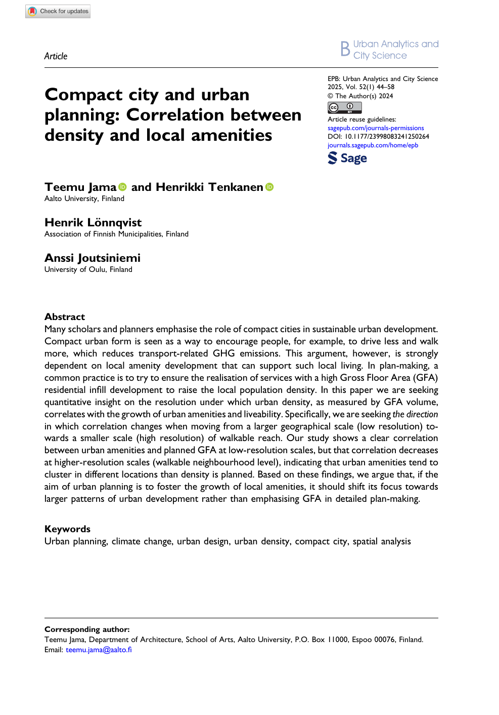 First page of the article Compact city and urban planning