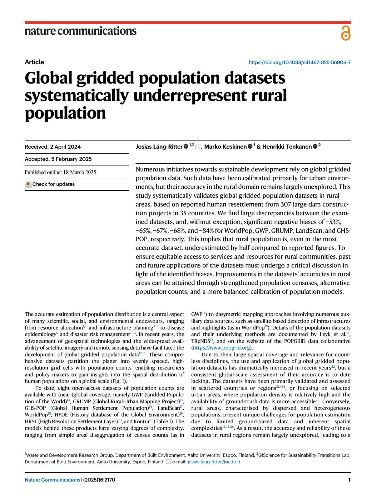 First page of the article Global gridded population datasets systematically underrepresent rural population
