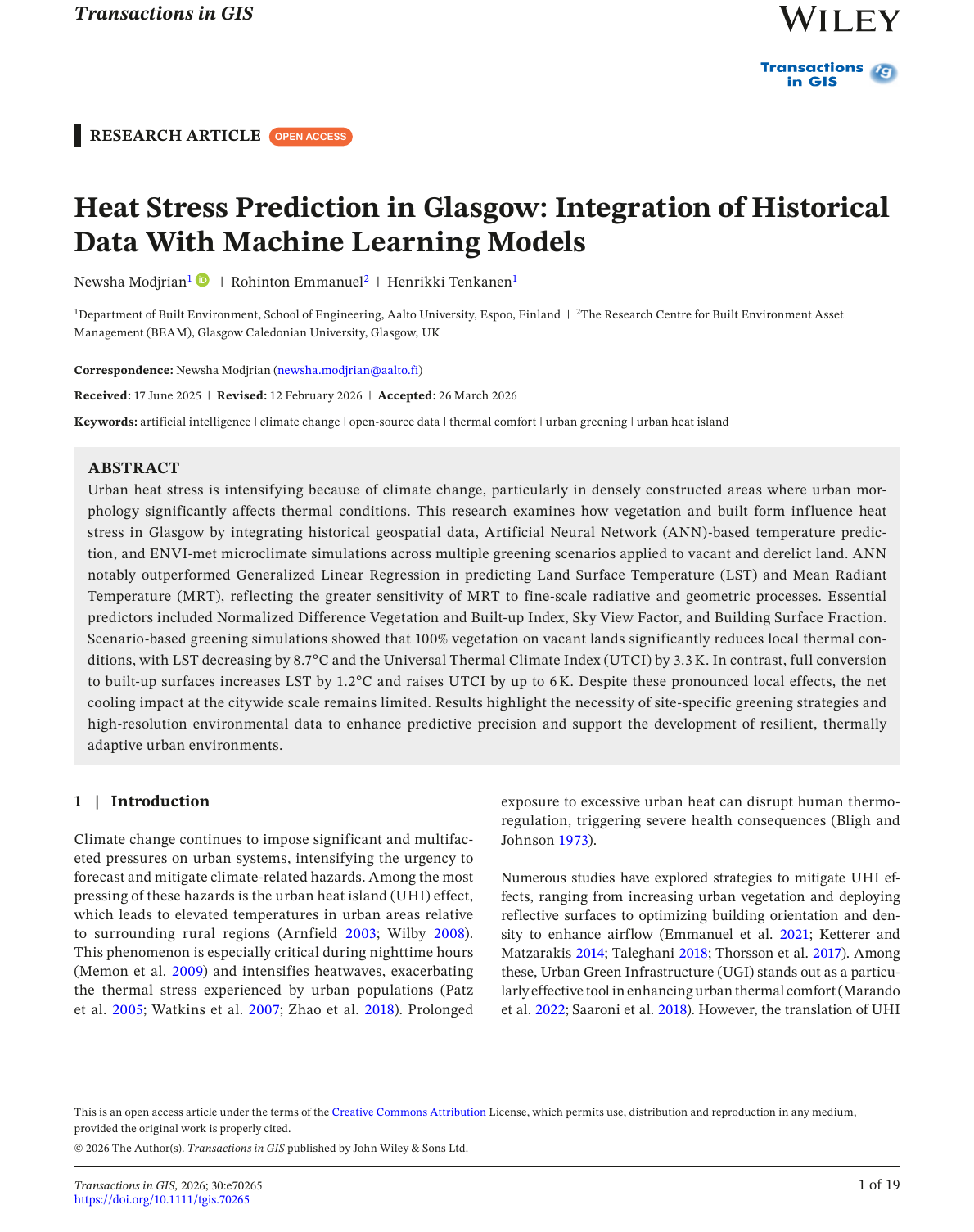 First page of the article Heat Stress Prediction in Glasgow