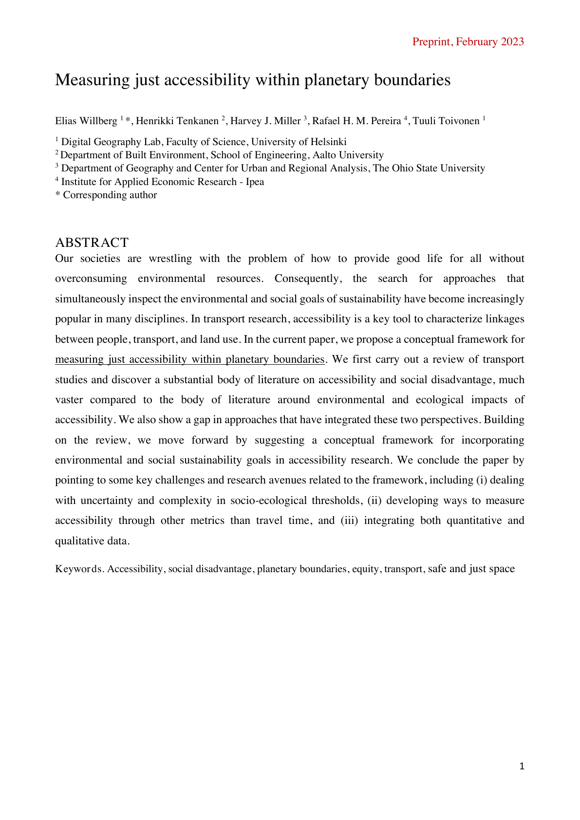 First page of the article Measuring just accessibility within planetary boundaries