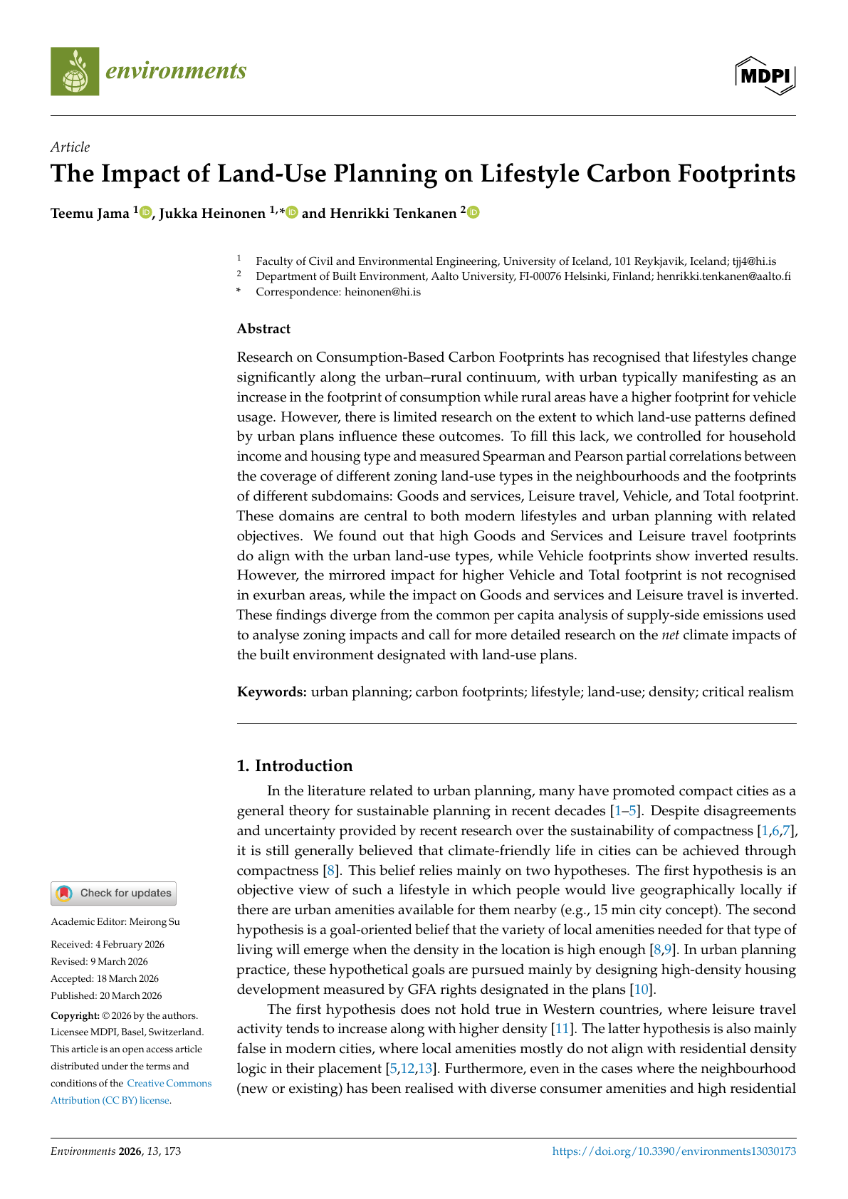 First page of the article The Impact of Land-Use Planning on Lifestyle Carbon Footprints