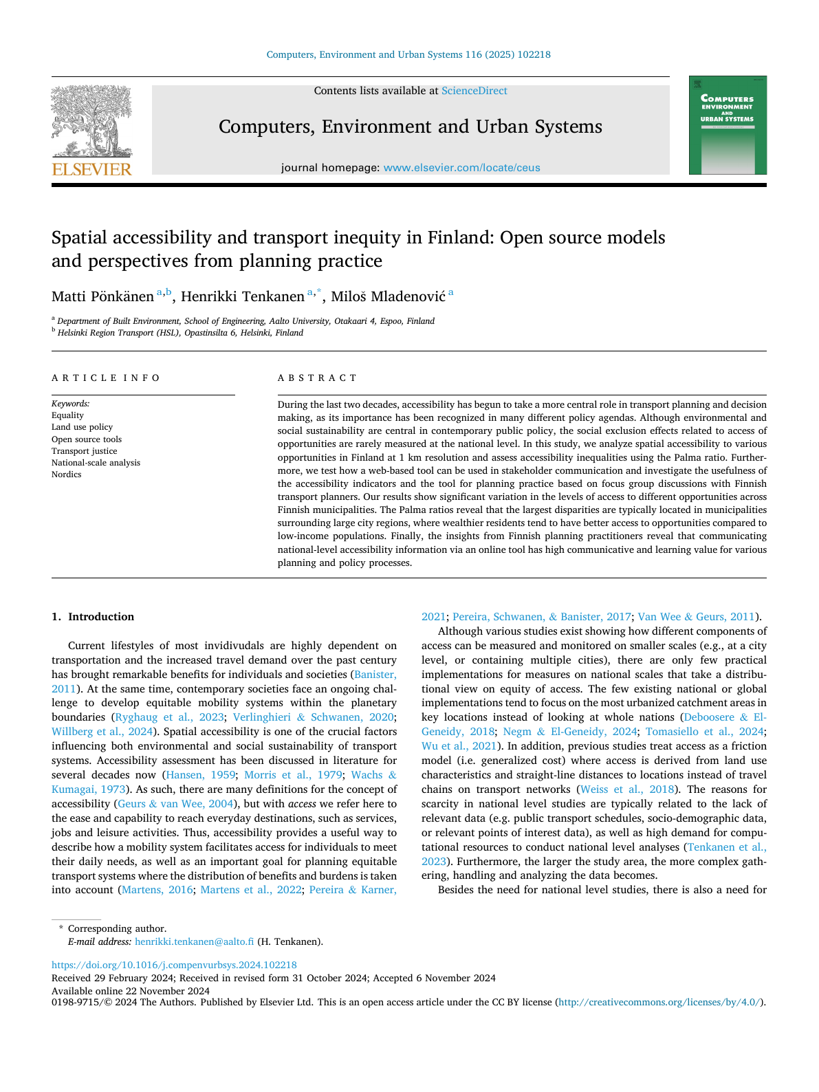 First page of the article Spatial accessibility and transport inequity in Finland