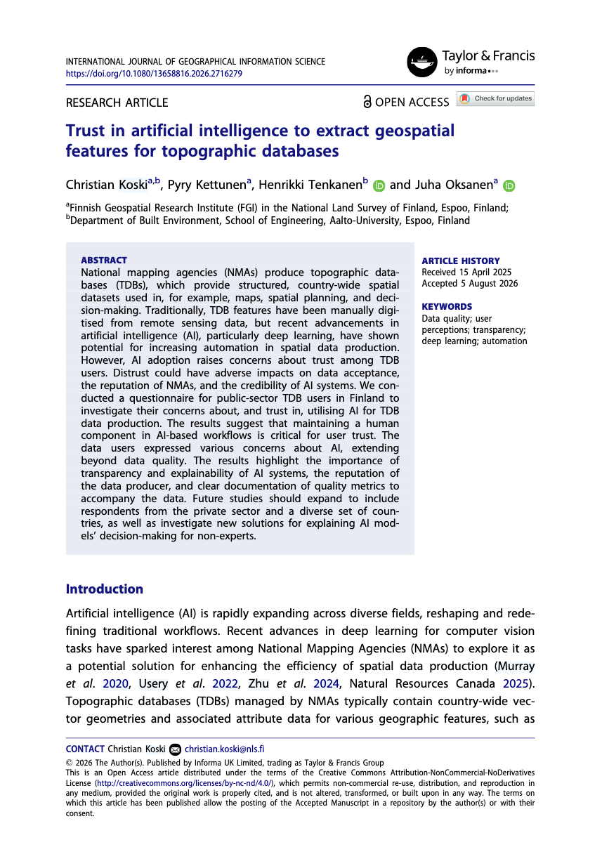 First page of the article Trust in artificial intelligence to extract geospatial features for topographic databases
